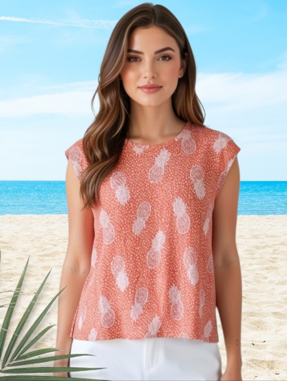 Christian Siriano Linen Coral Pineapple Cap-Sleeve Top Blouse